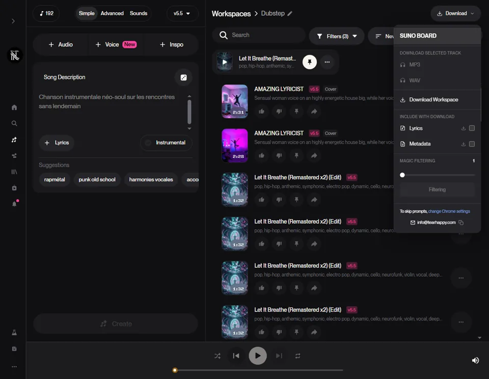 Suno Board Download button in the Suno workspace top bar, above the track list