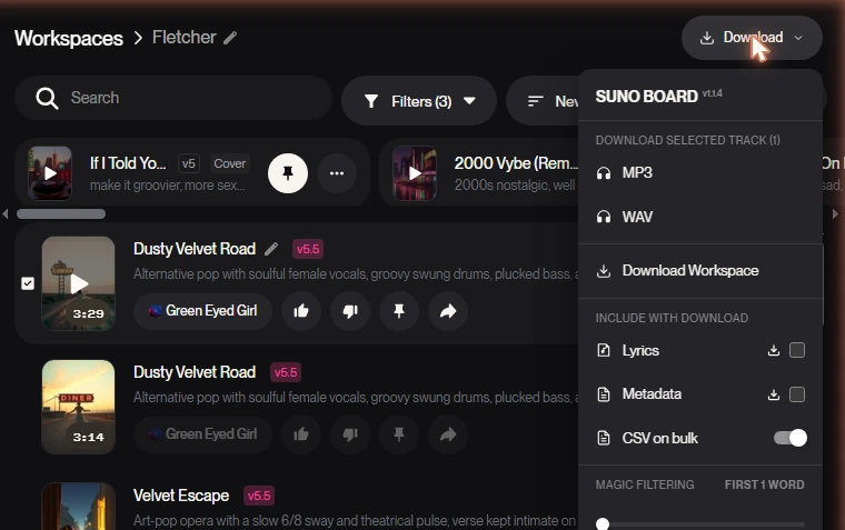 Suno Board Download dropdown open with a track selected, showing MP3, WAV, Download Workspace, Lyrics and Metadata options
