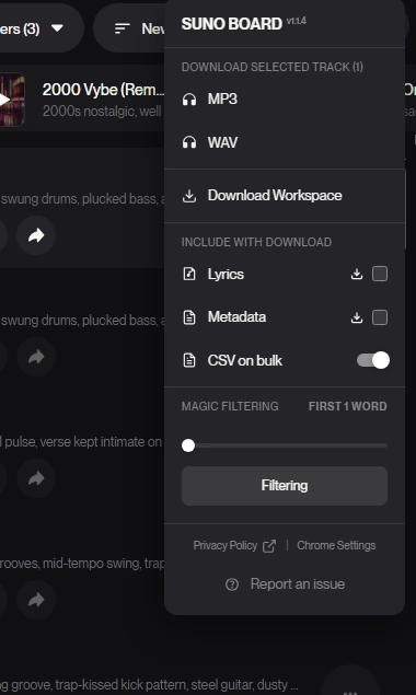 Download Workspace option in the Suno Board dropdown for exporting all songs in a workspace at once