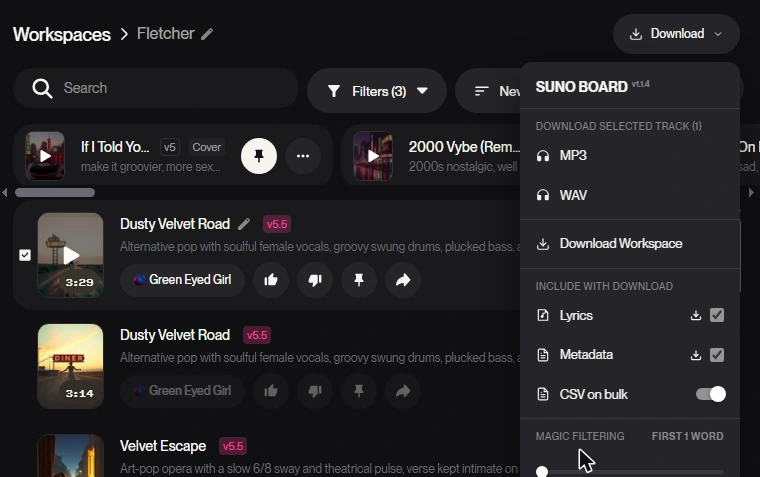 Suno Board Include with download section with Lyrics and Metadata toggles enabled