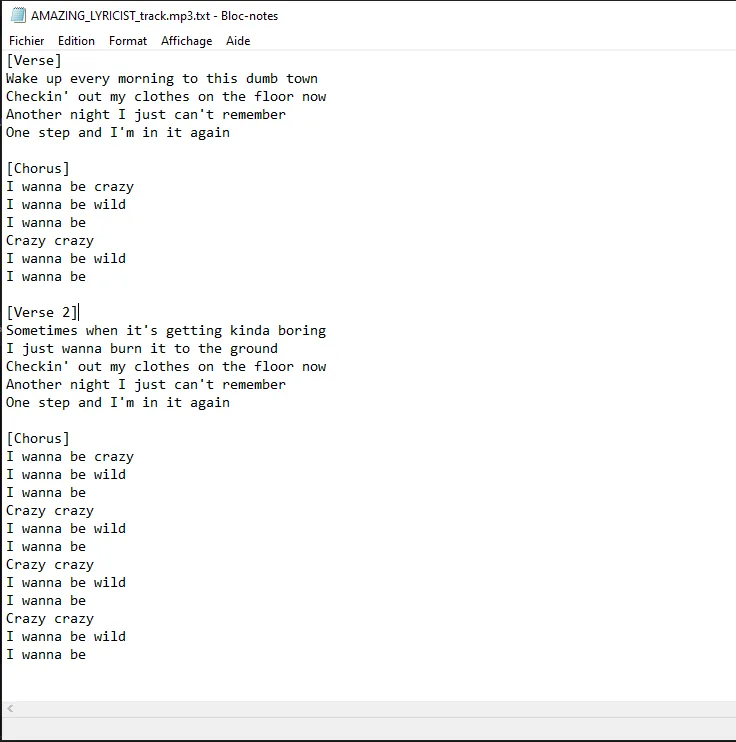 Suno Board lyrics .txt file export showing full song lyrics saved alongside the audio file
