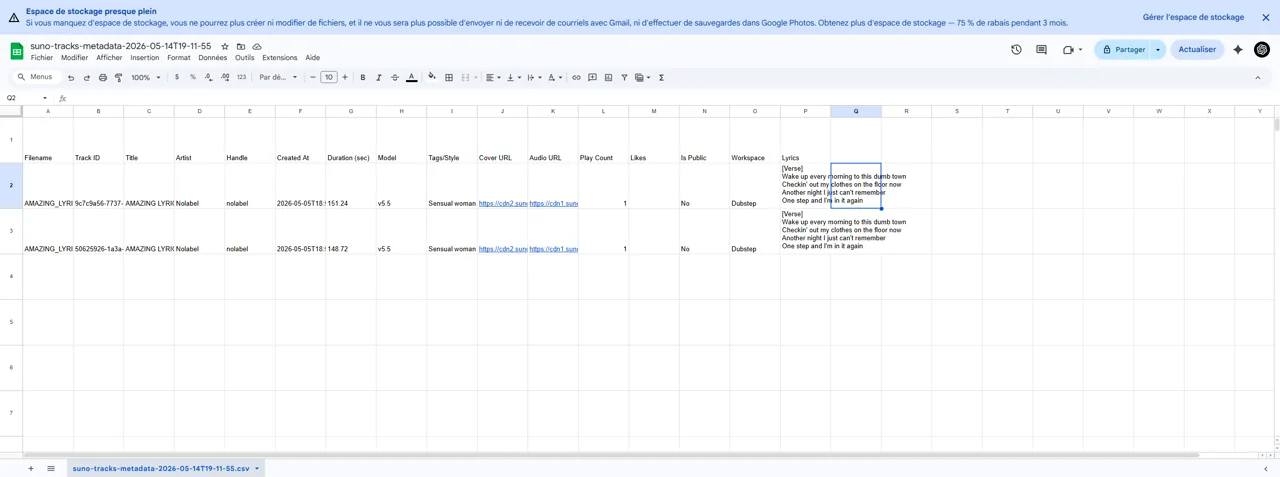 Suno Board metadata CSV export — song title, track ID, style tags, lyrics, and audio URLs for every downloaded song