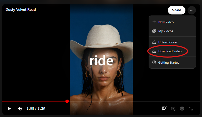 The Suno Board video panel with the overflow menu open and the Download Video option highlighted for saving the finished lyric video as an MP4