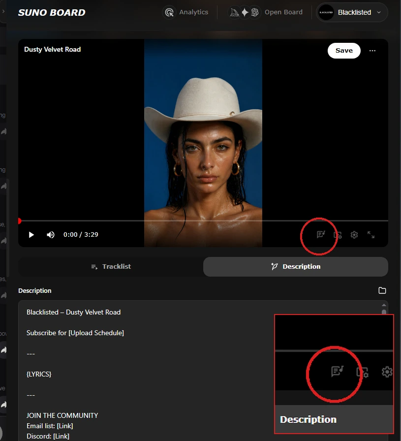 Suno Board video panel with the Lyrics button highlighted by a red circle and a zoomed inset showing its exact location in the video controls
