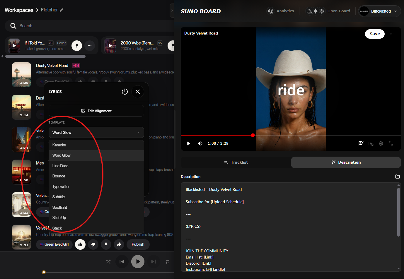 Suno Board lyric video template selector showing the template menu open with the active lyric template highlighted in the video workspace