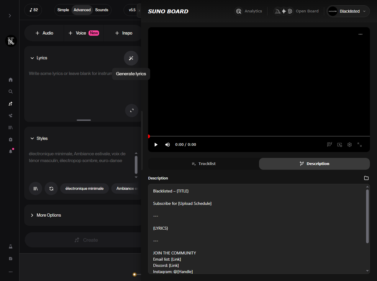 The Suno Board panel open on suno.com with the description tab visible in the video workspace, ready for music video creation