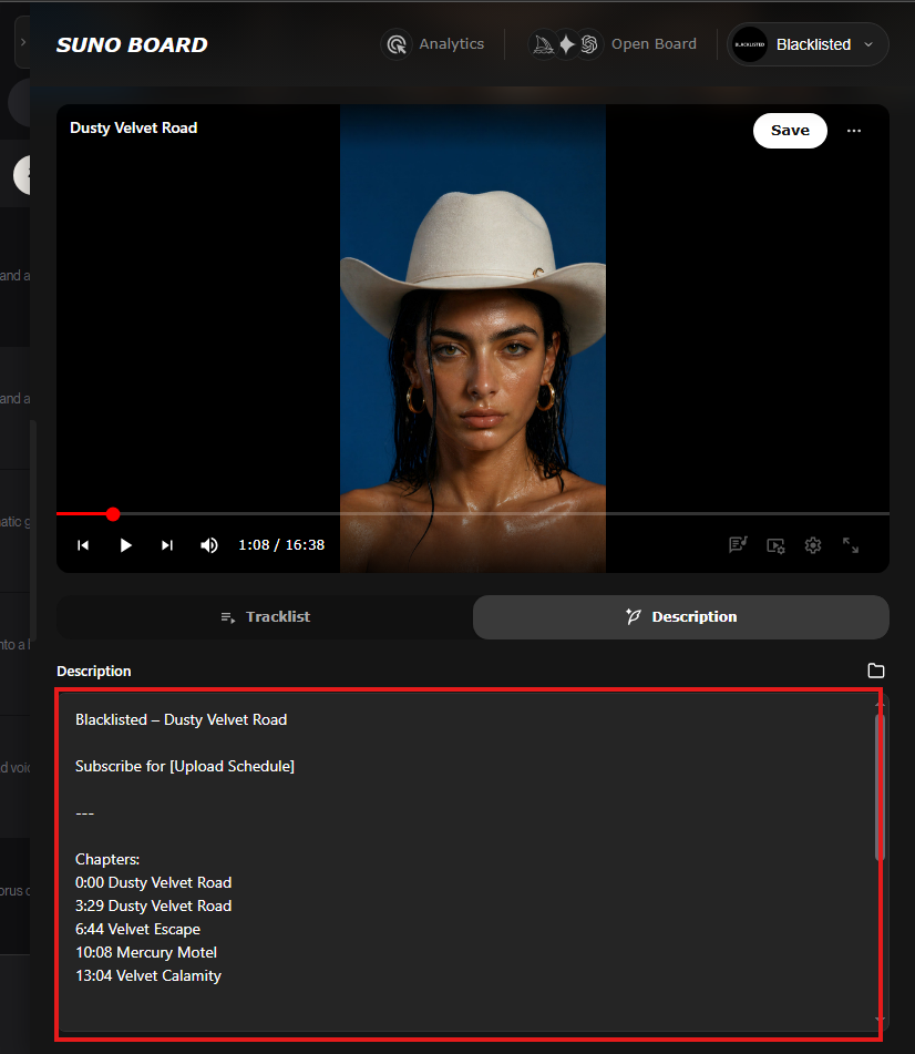 Suno Board Description tab showing a YouTube-ready description with automatic chapter timestamps