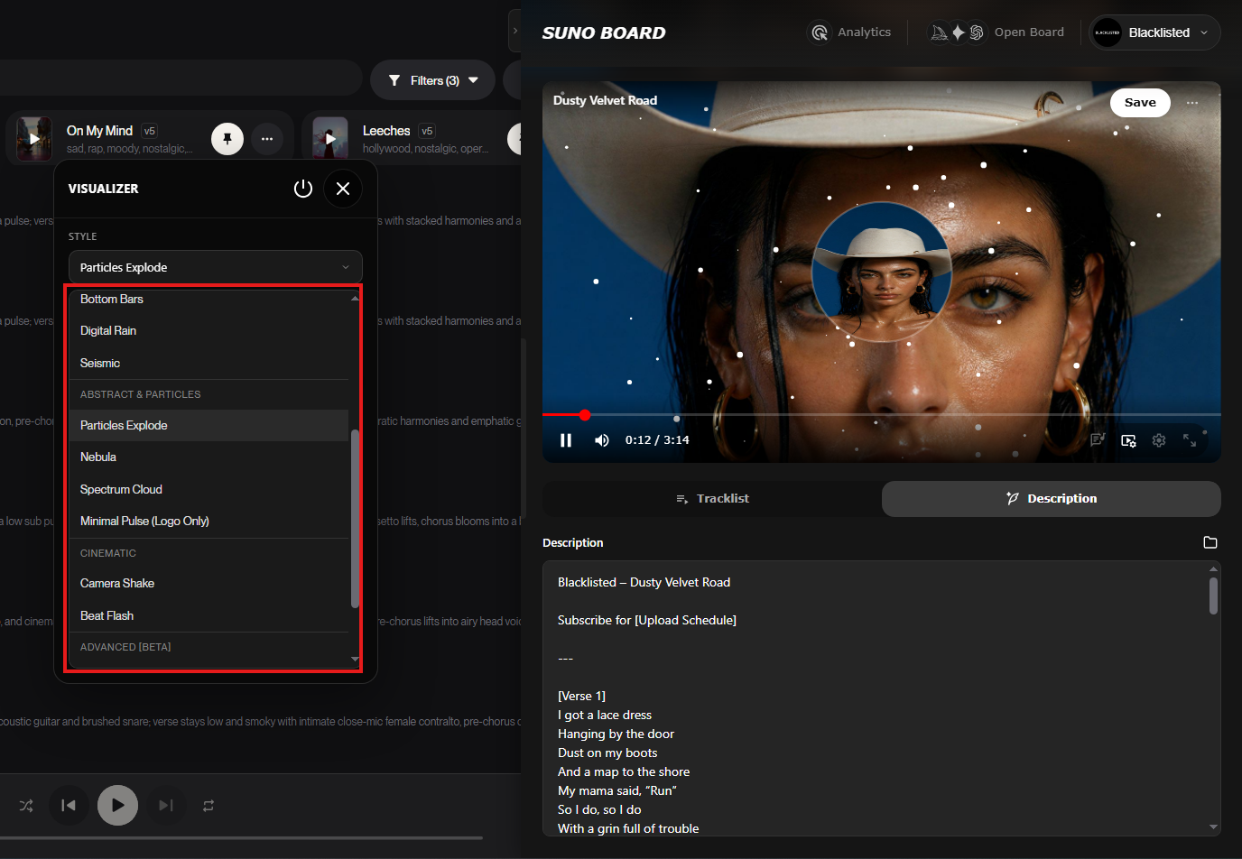 Suno Board visualizer settings open with visualizer styles highlighted beside the video preview