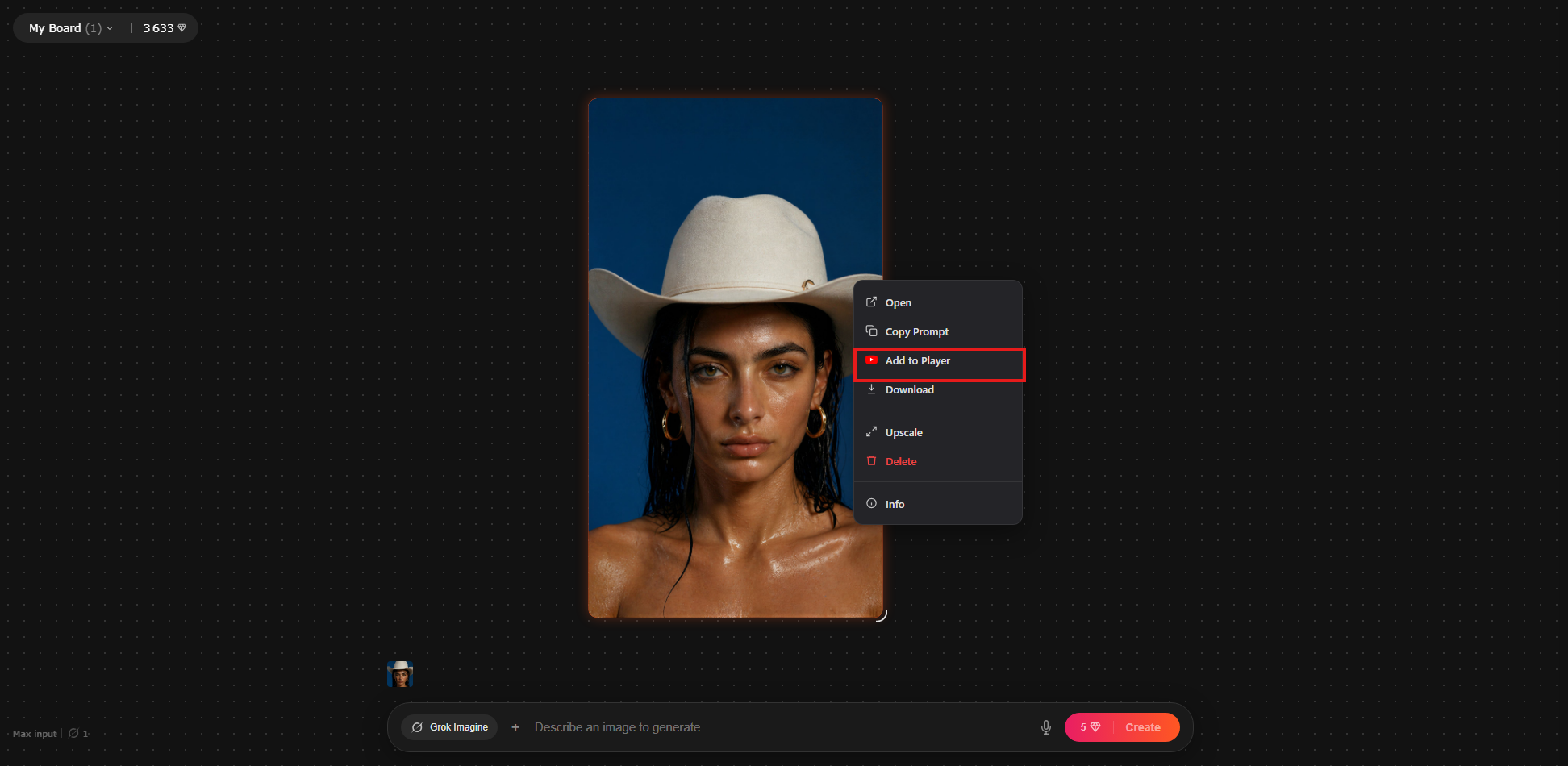 Suno Board image workspace with Add to Player highlighted for adding an AI-generated image to the video player