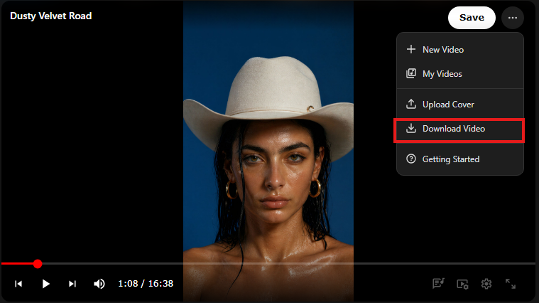 Suno Board Download Video option highlighted in the video panel export menu
