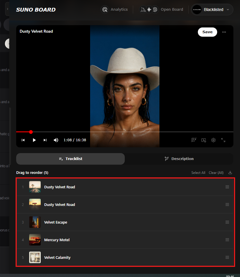 Suno Board tracklist view showing multiple songs added to a single music video project